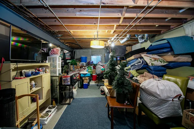 a view of a storage room with racks