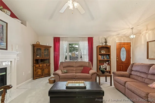 a living room with furniture and a fireplace