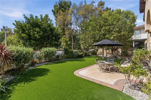 a garden view with a seating space