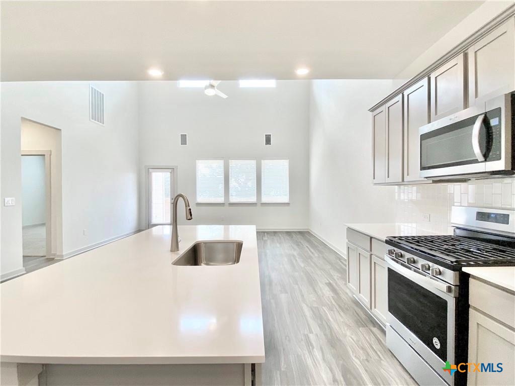 100 Geminiflora Bend Leander, TX 78641 - Photo 8 of 38 a kitchen with stainless steel appliances a stove a sink a microwave and cabinets