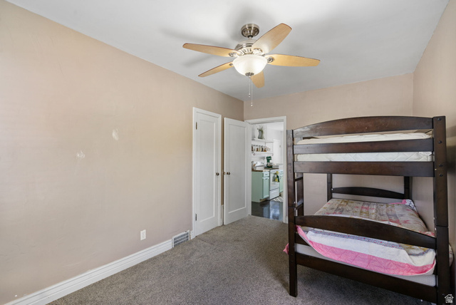 137 West 200 S Street Fairview, UT 84629 - Photo 17 of 34 Carpeted room featuring a ceiling fan with light fixture, painted walls, and white trim