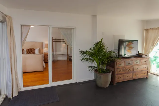a kitchen with a refrigerator and a potted plant