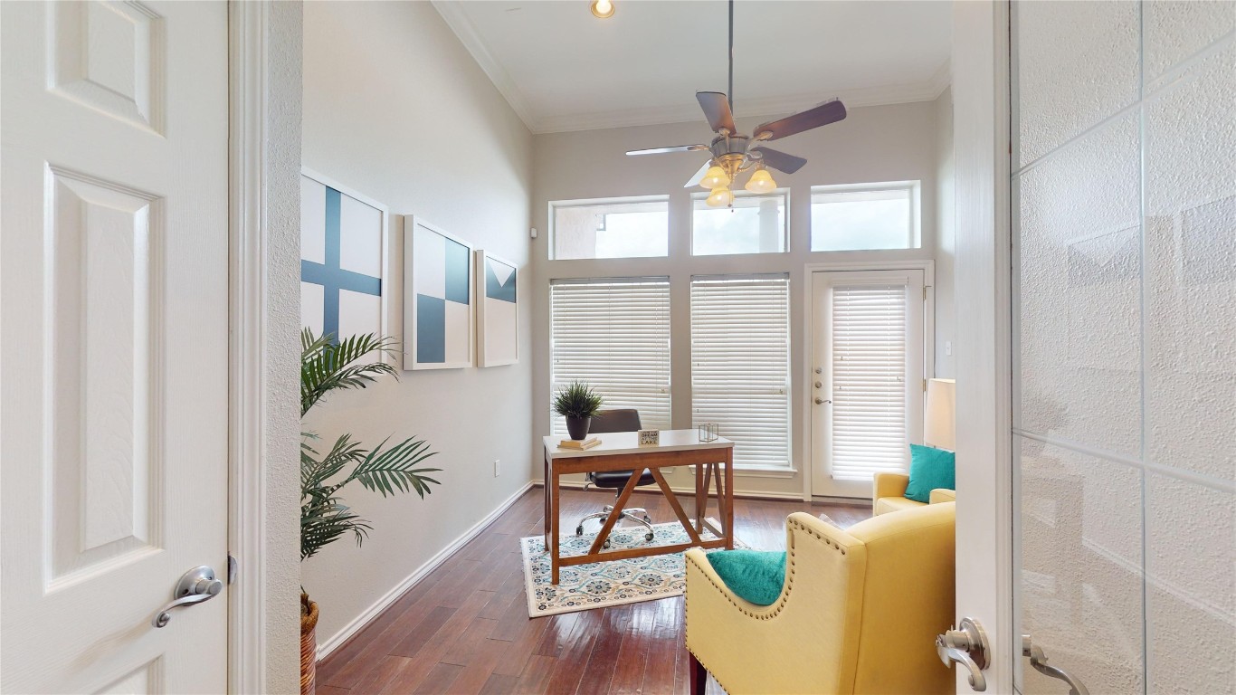 2918 Ranch Road 620, Unit 297 Austin, TX 78734 - Photo 22 of 37 Home office featuring ornamental molding, dark wood-style floors, and a ceiling fan