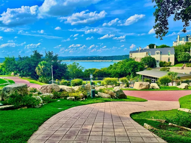 a view of a garden with plants and large trees