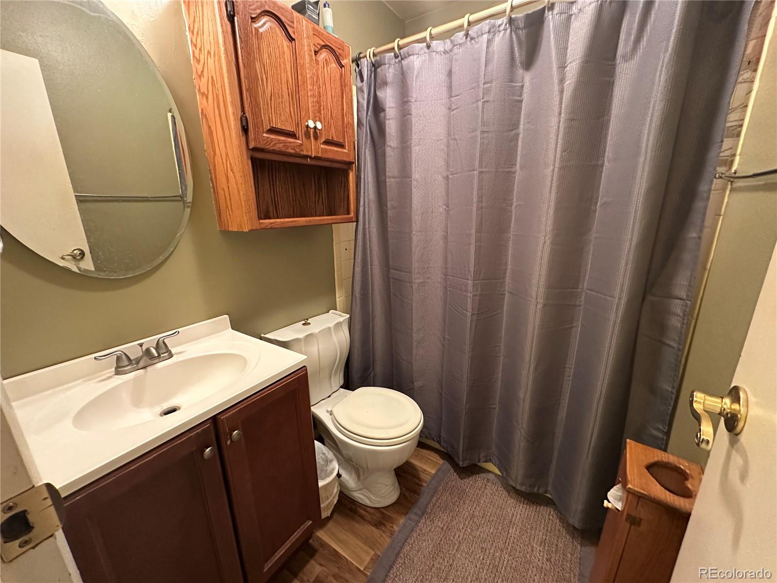 95 Empire West Road, Unit DA 52 Empire, CO 80438 - Photo 20 of 32 a bathroom with a sink a toilet a mirror and shower curtain