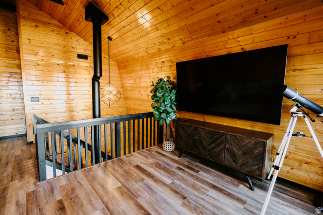 1413 Basel Drive Midway, UT 84049 - Photo 53 of 137 Staircase featuring wood walls, wood ceiling, and wood finished floors