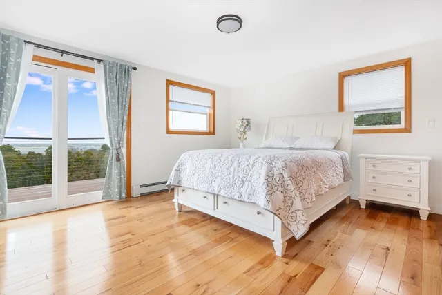 a bedroom with a bed and a large window