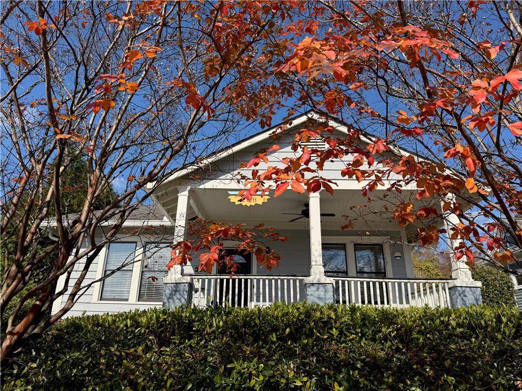 a view of a porch with a tree