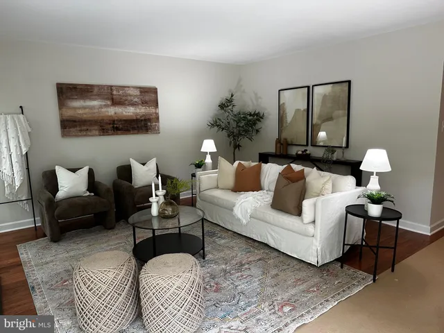 a living room with furniture lamp and rug
