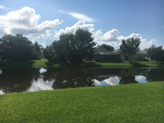 a view of a lake and green space