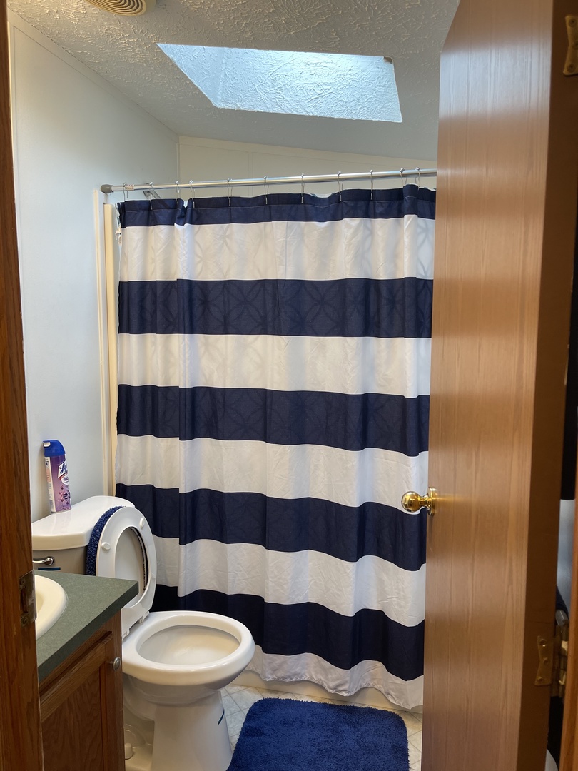 365 Surrey Road Wheeling, IL 60090 - Photo 9 of 12 a bathroom with a sink a toilet a chair and shower curtain
