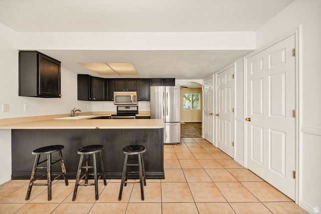 2 West 1780 North Logan, UT 84341 - Photo 5 of 24 Kitchen featuring arched walkways, stainless steel appliances, light countertops, a kitchen bar, and a peninsula