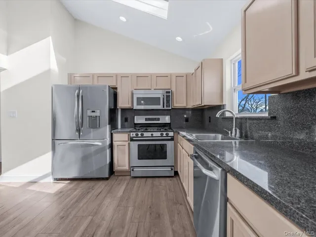 a kitchen with stainless steel appliances granite countertop a stove a sink and a refrigerator