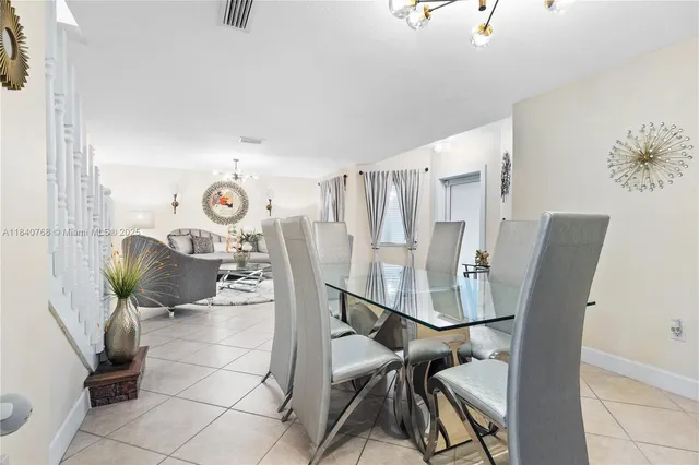 a view of a dining room with furniture and a rug