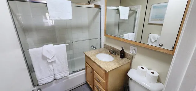 a bathroom with a sink and mirror with toilet