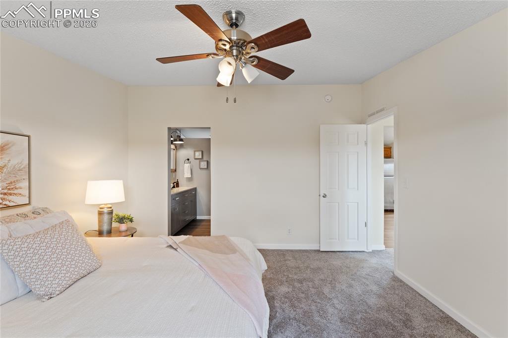 5505 Whipshaw Road Peyton, CO 80831 - Photo 17 of 39 a bedroom with a large bed and a chandelier