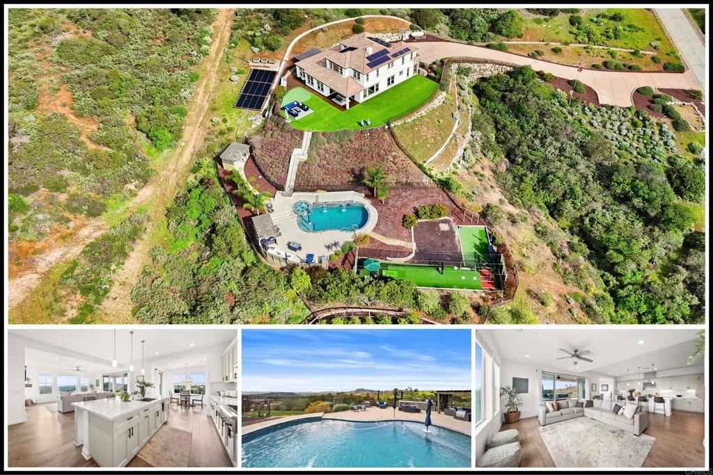 an aerial view of a house a yard and a fountain