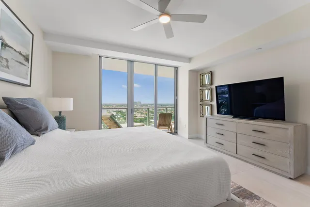 a bedroom with a large bed and a flat screen tv