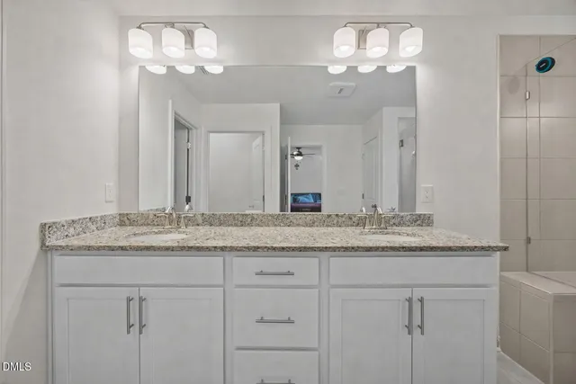 a bathroom with a granite countertop double vanity sink and a mirror