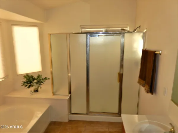 a bathroom with a shower and a tub