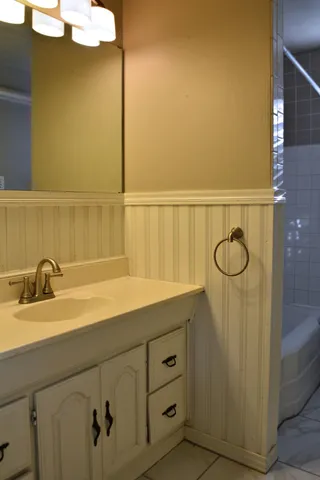 a bathroom with a sink and a mirror