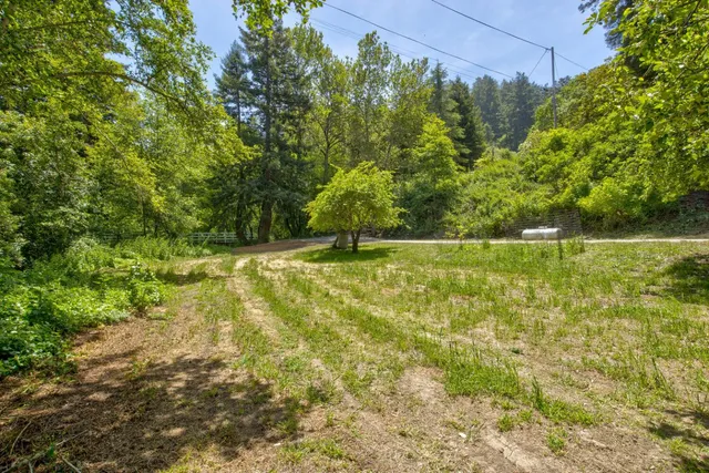 an aerial view of a residential houses with outdoor space and trees