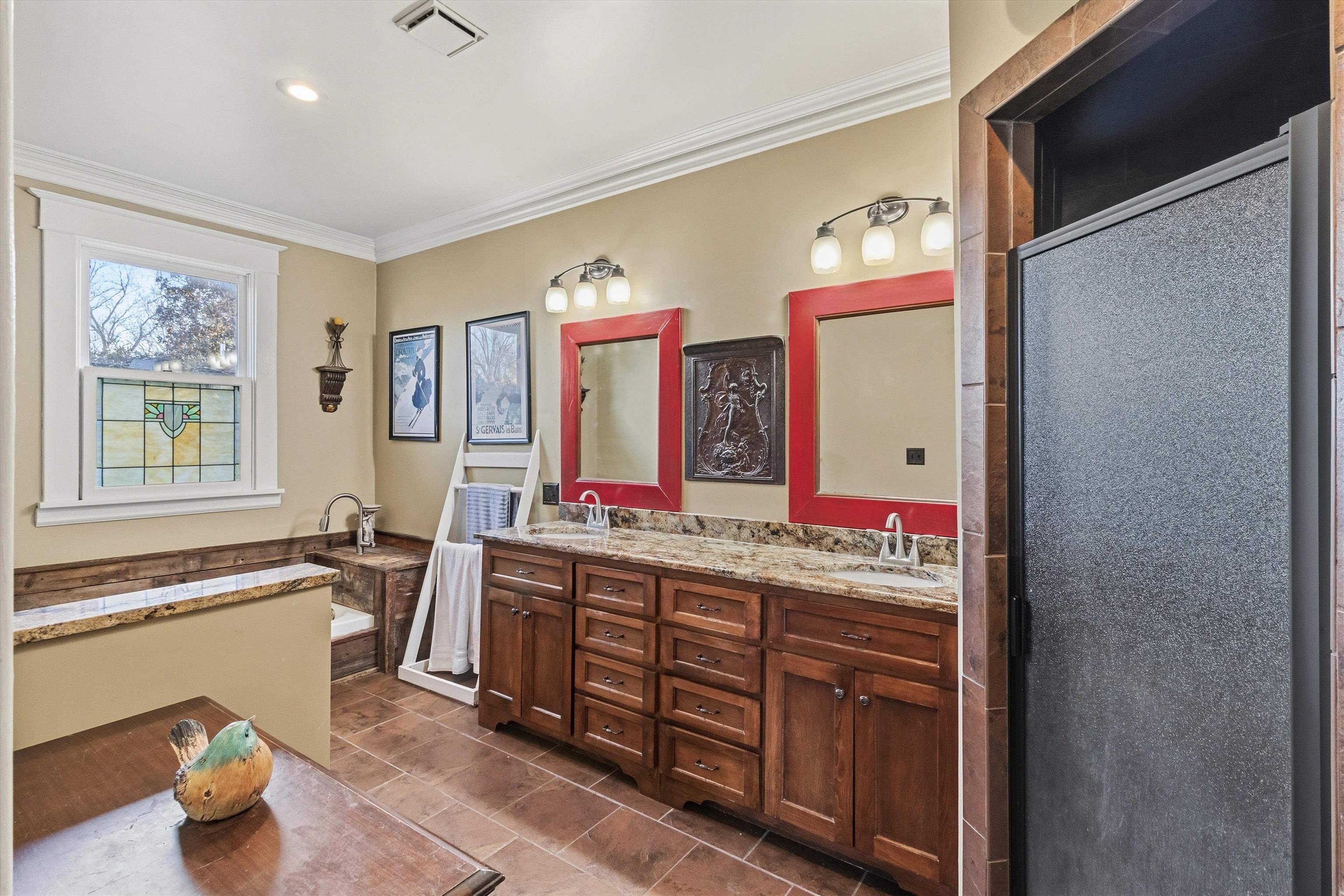 30 Front Street Rossville, TN 38066 - Photo 16 of 39 Bathroom featuring ornamental molding, double vanity, shower, and bathtub