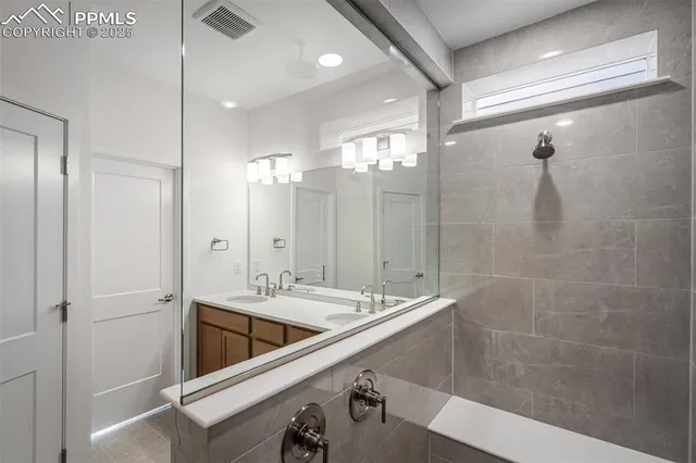 a bathroom with a double vanity sink a large mirror and shower