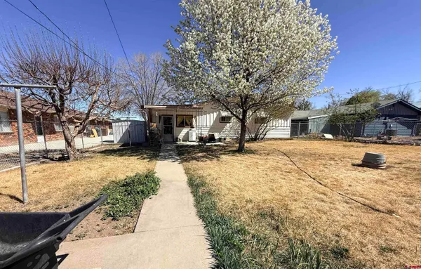 a view of a yard with snow on the road