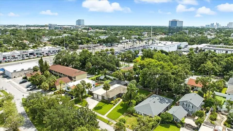 an aerial view of residential houses with city view