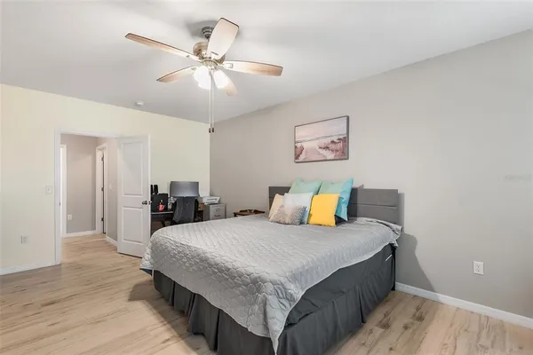 a bedroom with a bed and wooden floor