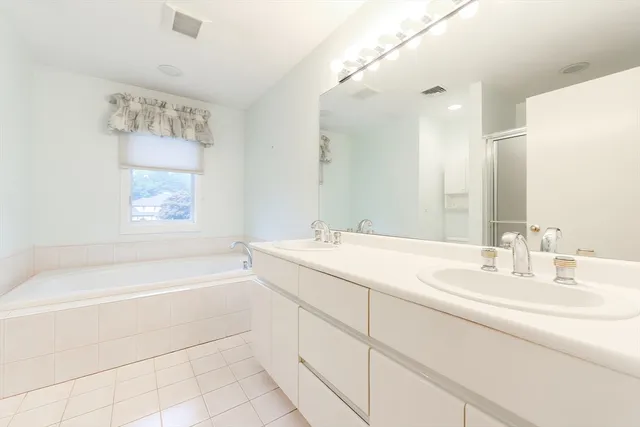 a bathroom with a bathtub a sink and a mirror