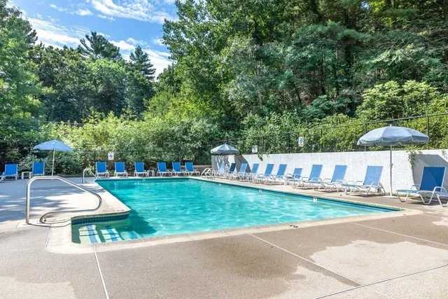 a view of a street with houses and trees in the background