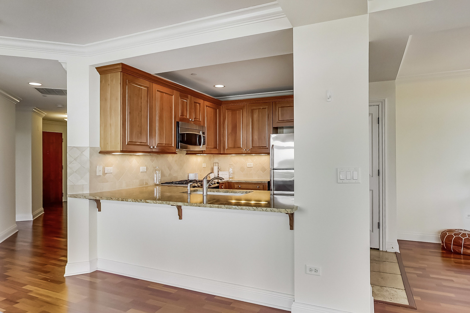 600 West Touhy Avenue, Unit 303 Park Ridge, IL 60068 - Photo 13 of 32 a kitchen with stainless steel appliances granite countertop a refrigerator a stove and a sink with wooden floor