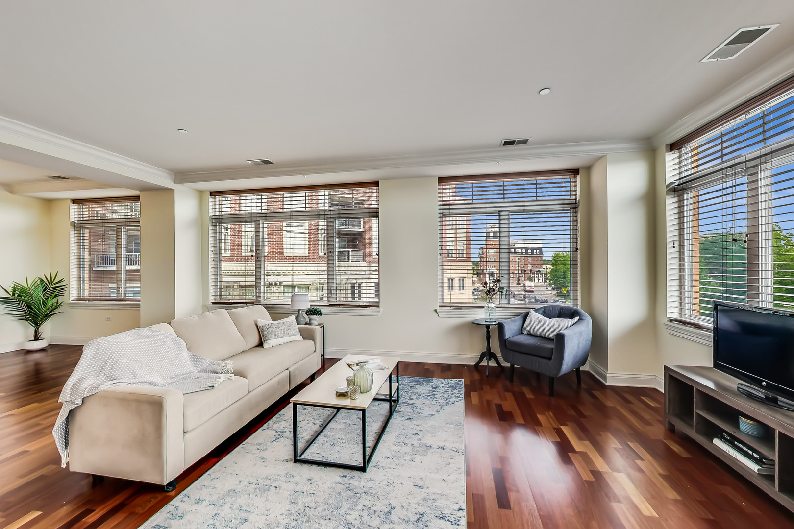 600 West Touhy Avenue, Unit 303 Park Ridge, IL 60068 - Photo 9 of 32 a living room with furniture and a flat screen tv with wooden floor