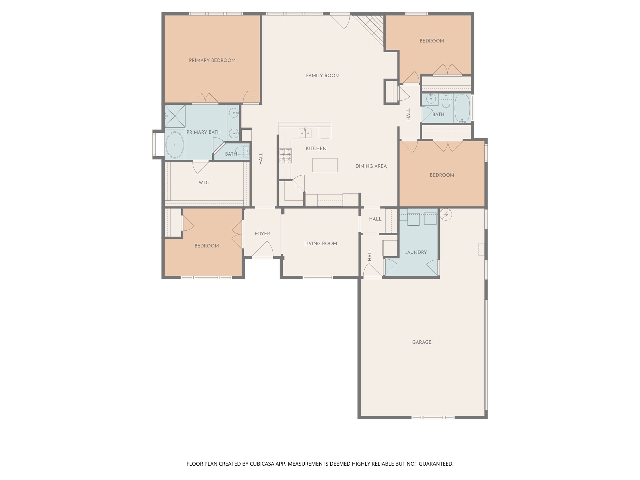 9702 Inwood Circle Baytown, TX 77523 - Photo 34 of 34 Floor plan of the house featuring three bedrooms, two bathrooms, a home office or can be a 4th bedroom, a living room, a kitchen with dining area, and a laundry room. It also includes a garage and a walk-in closet in the primary bedroom.