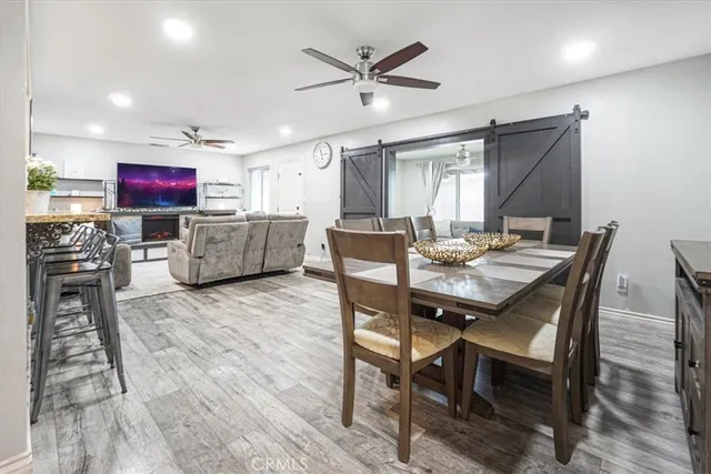 a view of a dining room with furniture