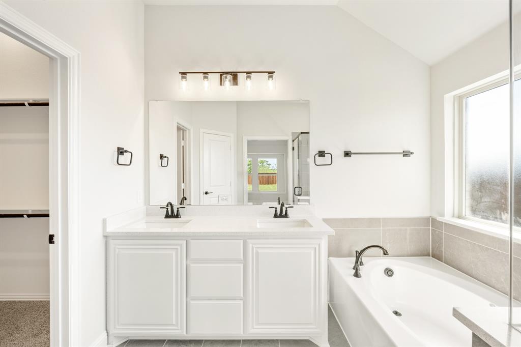 11916 Serval Street Godley, TX 76044 - Photo 19 of 35 a bathroom with a bathtub a sink and a mirror