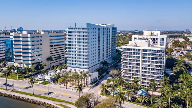 a city view with tall buildings
