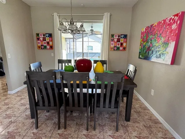 a view of a dining room with furniture window and outside view