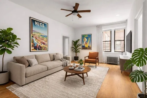 a living room with furniture and a potted plant