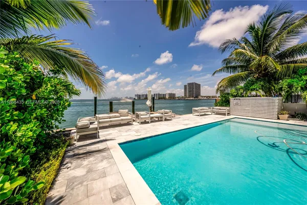 a view of a backyard with swimming pool