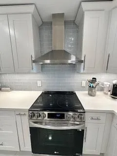 a stove top oven sitting inside of a kitchen