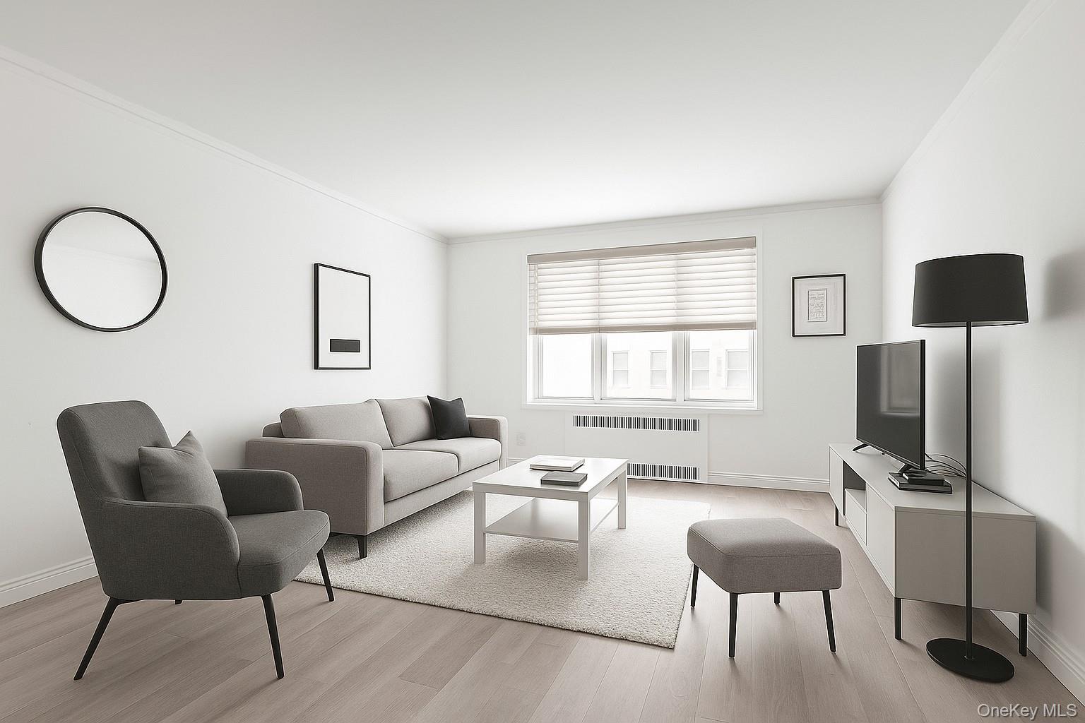 3 Midland Gardens, Unit 3H Bronxville, NY 10708 - Photo 6 of 20 a living room with furniture a flat screen tv and a window