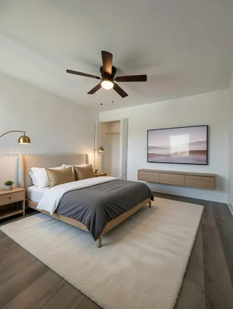 a bedroom with a bed and a flat screen tv