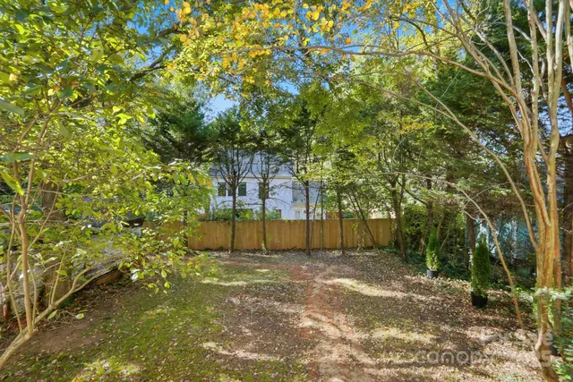 a backyard of a house with lots of plants and large tree