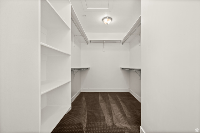 14728 South Canyon Pointe Road Draper, UT 84020 - Photo 19 of 35 Walk-in closet featuring built-in shelving, hanging rods, and dark patterned carpeting