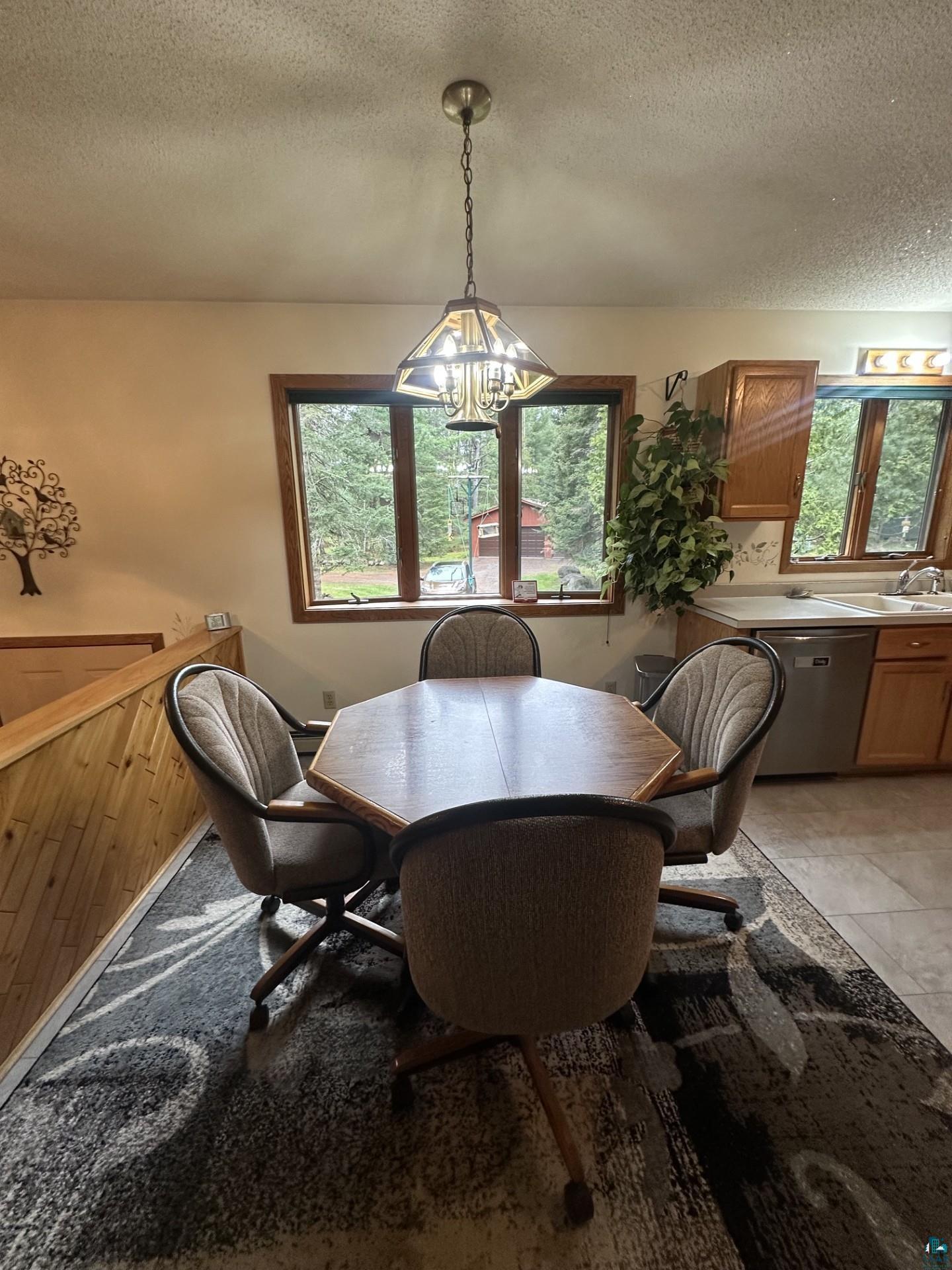 81 Hautaluoma Road Esko, MN 55733 - Photo 13 of 43 Dining area with a multi-pane window, wood-finish paneling, and a decorative pendant light fixture