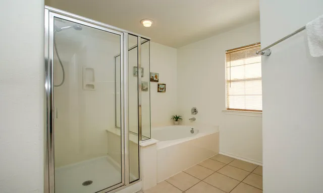 a bathroom with a bathtub and a shower