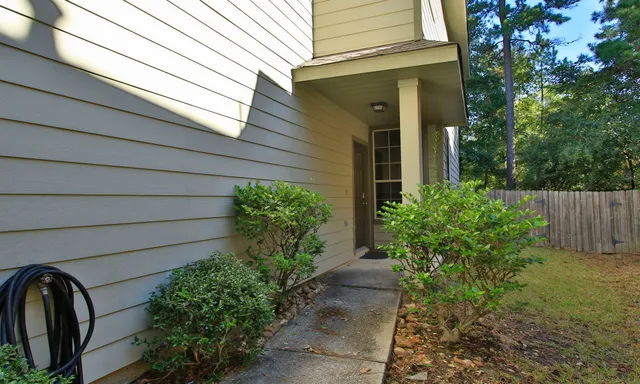 a couple of potted plants in front of door